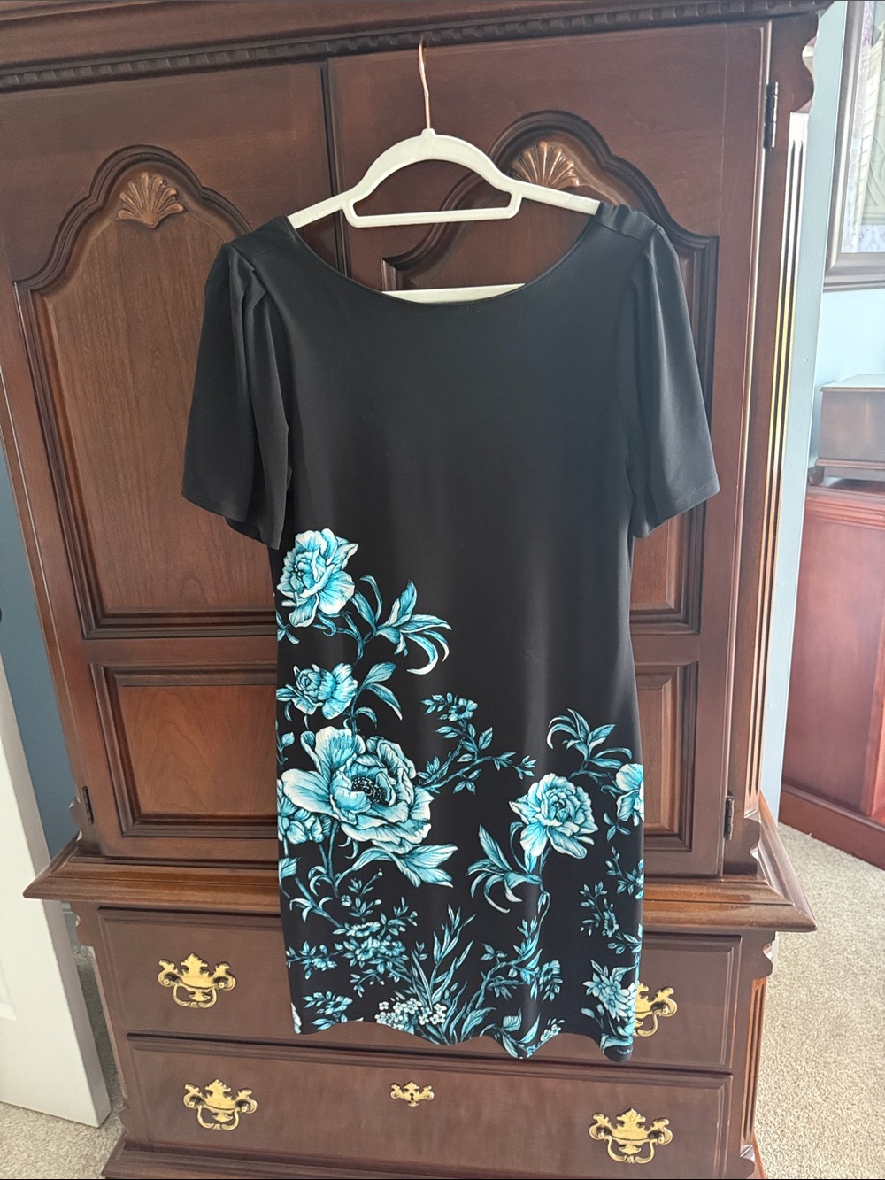 White House Black Market Black Midi Dress with Turquoise Floral Print